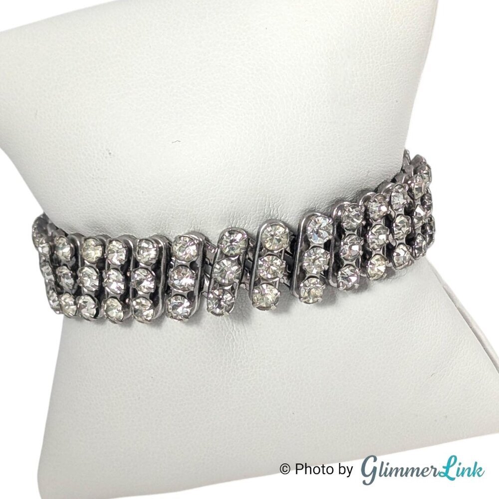 Vintage Japan Clear Rhinestone Silver Tone Expansion Stretch Bracelet